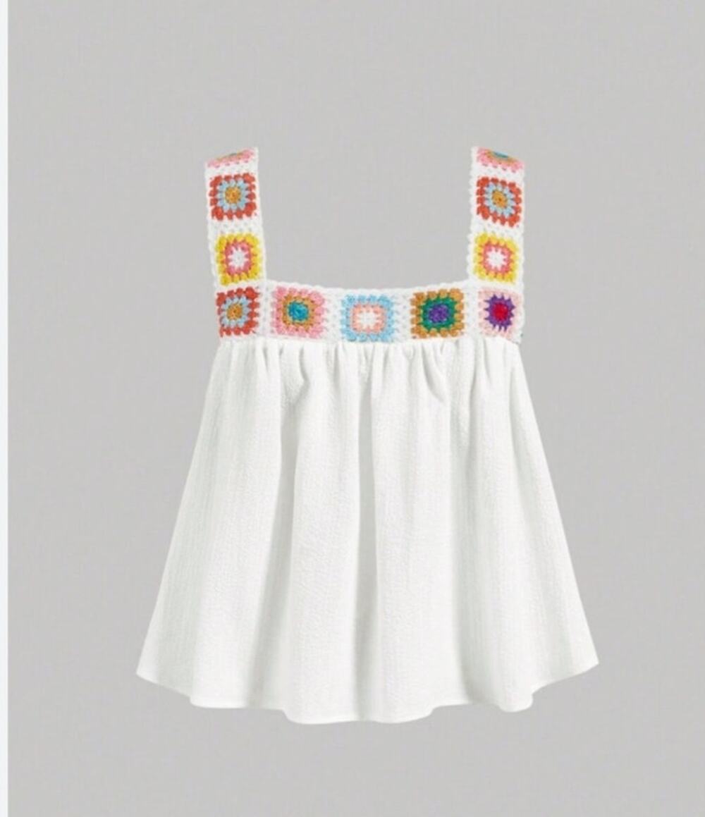 White Crochet Granny Square Trim Flowy Cropped Tank Top Festival Cottagecore